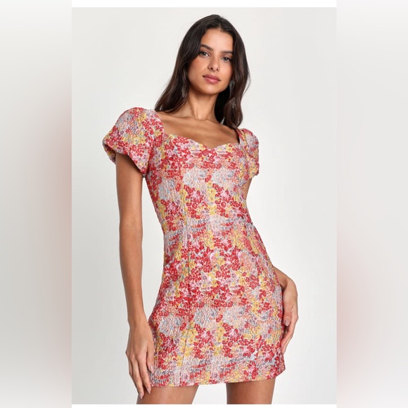 Lulus Sweetest Essence Blush Floral Jacquard Puff Sleeve Mini Cocktail Dress - Picture 3 of 8